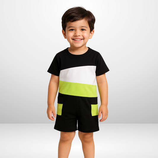 BLACK LIGHT GREEN AND WHITE PANEL T-SHIRT SHORTS SET