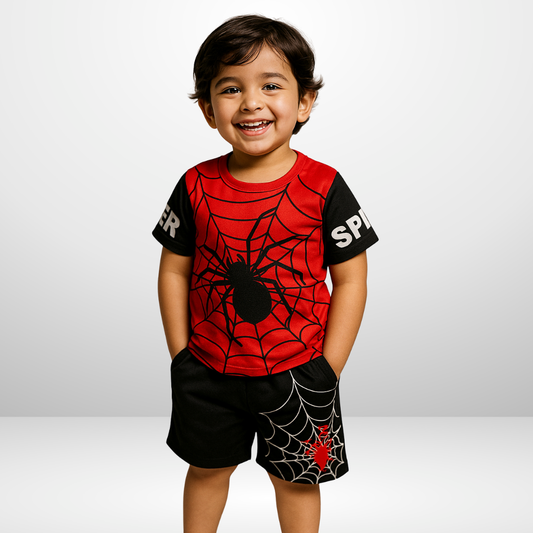 Red & Black Spider Man Print Short Set