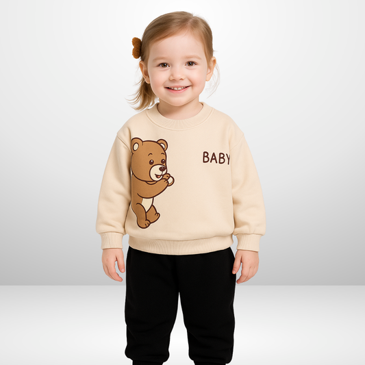Offwhite Cute Bear Print Sweat Shirt With Black Trouser