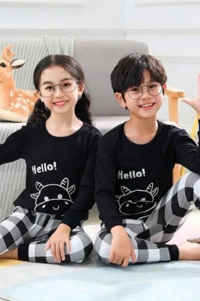 Hello Black Pattern Printed Kids Wear