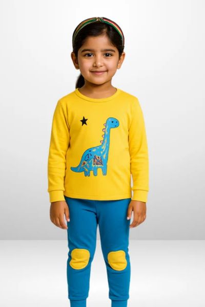 Yellow Blue Dino Printed Kids Wear