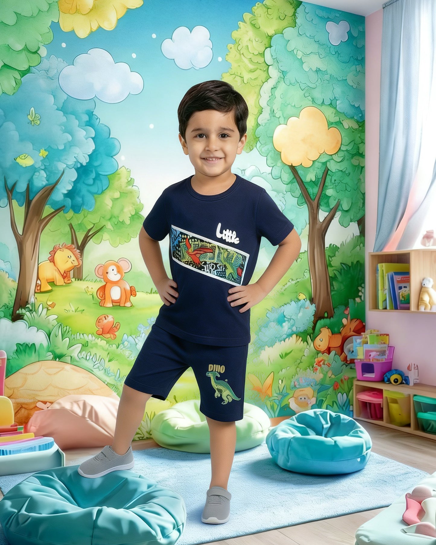 Kids Navy Blue Dino Print Summer Outfit – Soft Cotton T-Shirt & Shorts Set for Boys