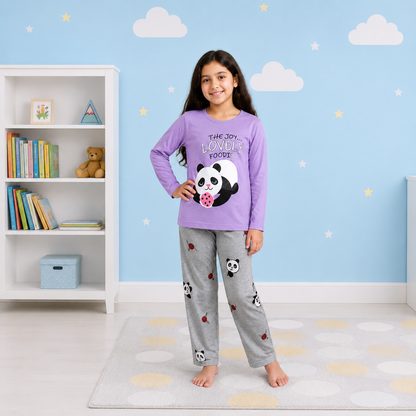 Girls' "Lovely Foodie" Panda Graphic Long-Sleeve Pajama Set