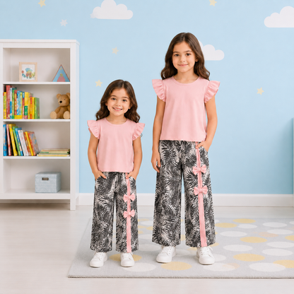Girls' Flutter-Sleeve Pastel Pink Top & Tropical Print Wide-Leg Palazzo Pants Set