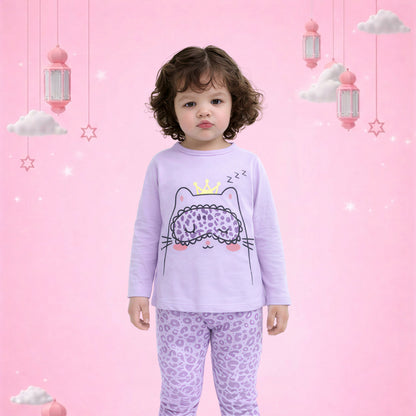 Girls Cute Cat Print Pajama Set – Soft Cotton Night Suit (Lavender)