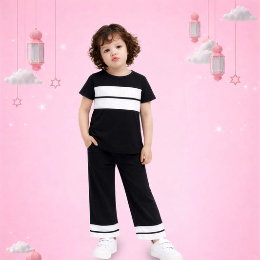 Kids Black Stripe Co-Ord Set – Stylish T-Shirt & Pants Outfit for Girls