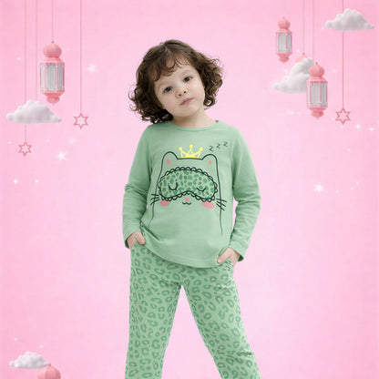 Girls Cute Cat Print Pajama Set – Soft Cotton Night Suit (Mint Green)