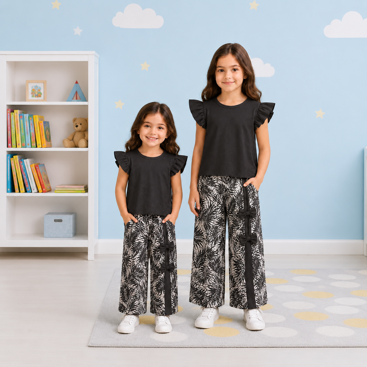 Girls' Ruffle-Sleeve Midnight Black Top & Tropical Print Wide-Leg Palazzo Pants Set