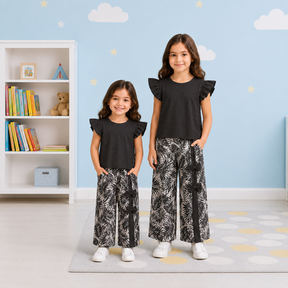 Girls' Ruffle-Sleeve Midnight Black Top & Tropical Print Wide-Leg Palazzo Pants Set