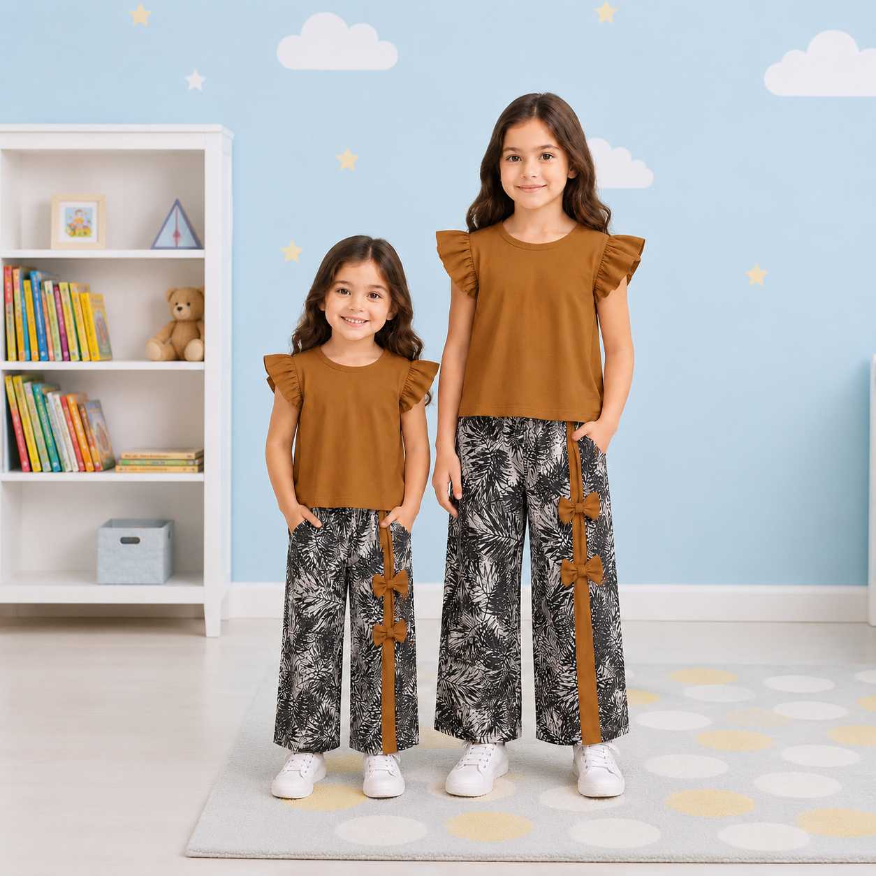 Girls' Ruffle-Sleeve Earthy Mustard Top & Tropical Print Wide-Leg Palazzo Pants Set