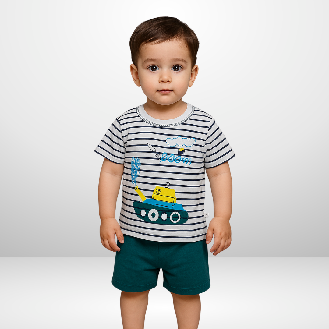 203- Green White Tank  Print Kids Short