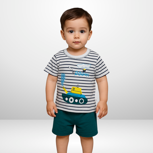 203- Green White Tank  Print Kids Short