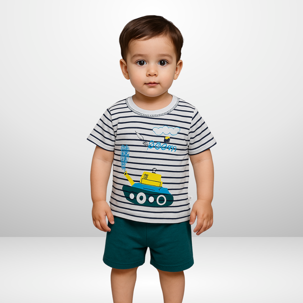 203- Green White Tank  Print Kids Short