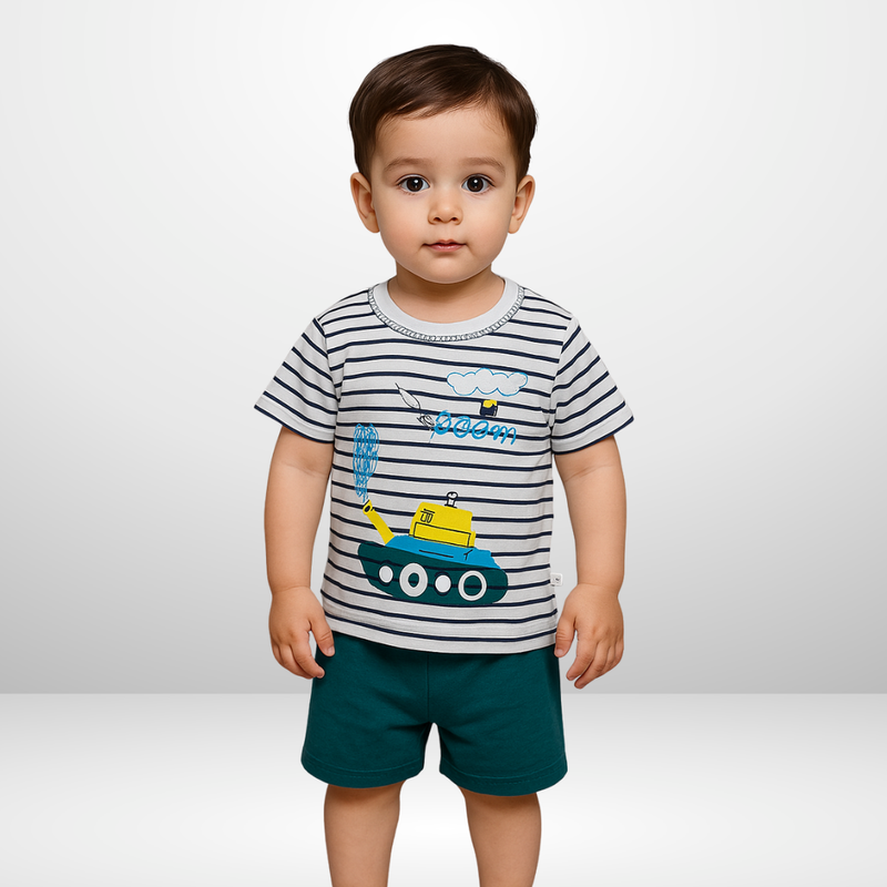 203- Green White Tank  Print Kids Short