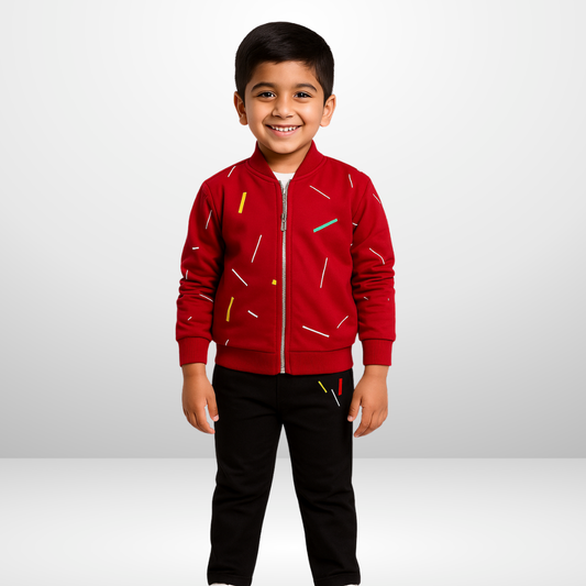 Kids Red Printed Zipper with Warm Black Trouser