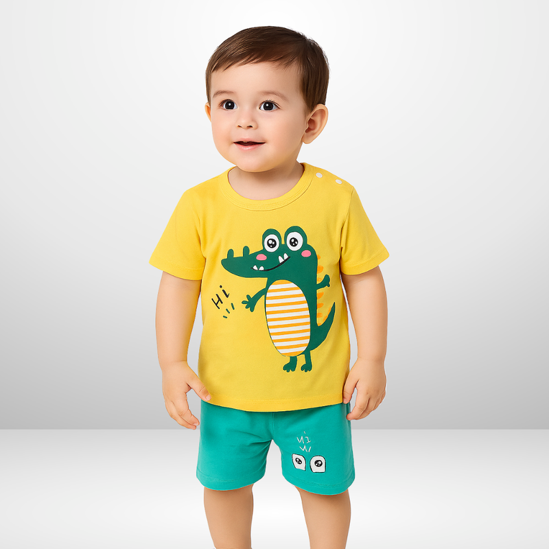 Yellow Hi Dino Printed Kids Short Sleeve Kids Wear