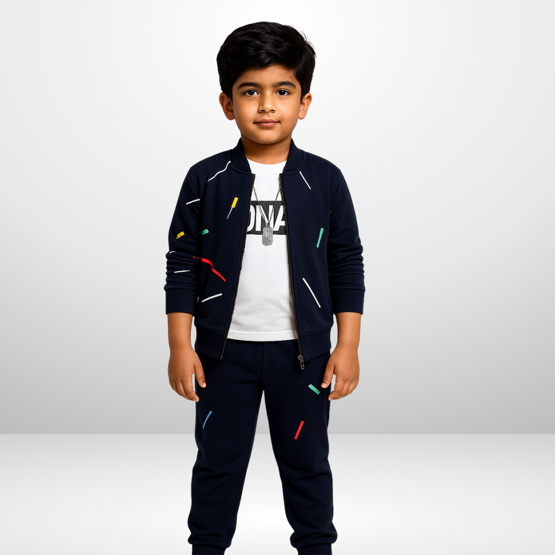 Kids Blue Printed Zipper with Warm Blue Trouser