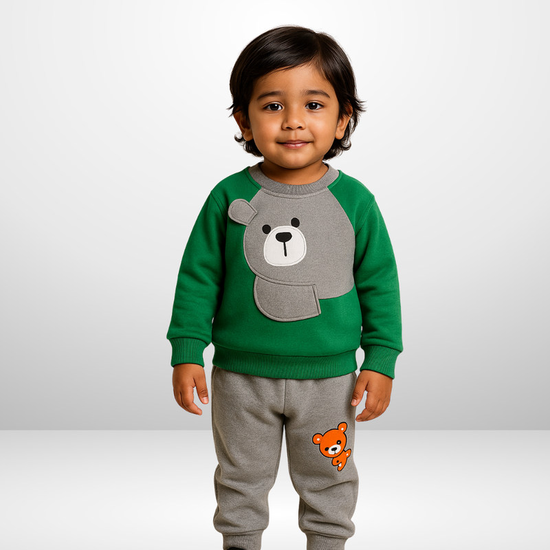 Green With Grey Bear Print Sweatshirt With Grey Trouser For Kids