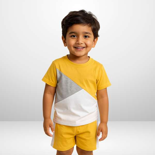 YELLOW PANEL T-SHIRT SHORTS SET
