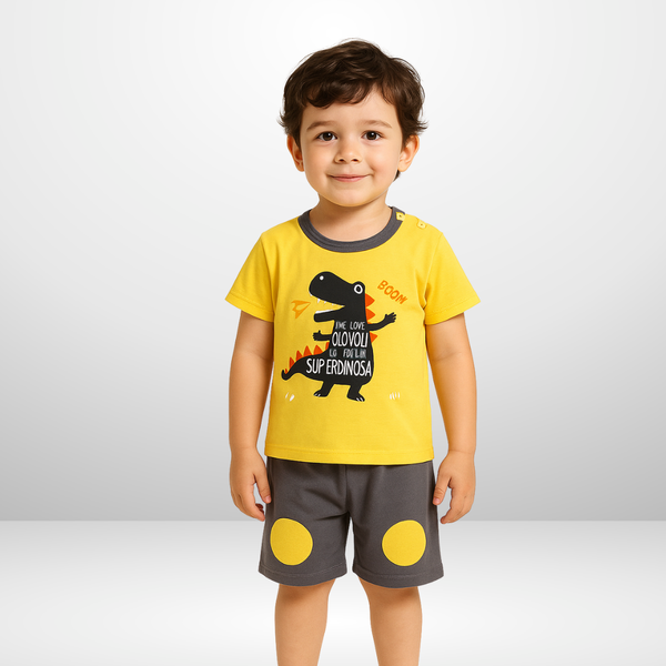 Yellow Boom Dino Printed Kids Short Sleeve Kids Wear