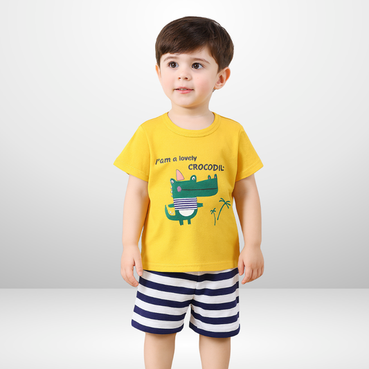 201- Yellow White Crocodile Print Kids Short
