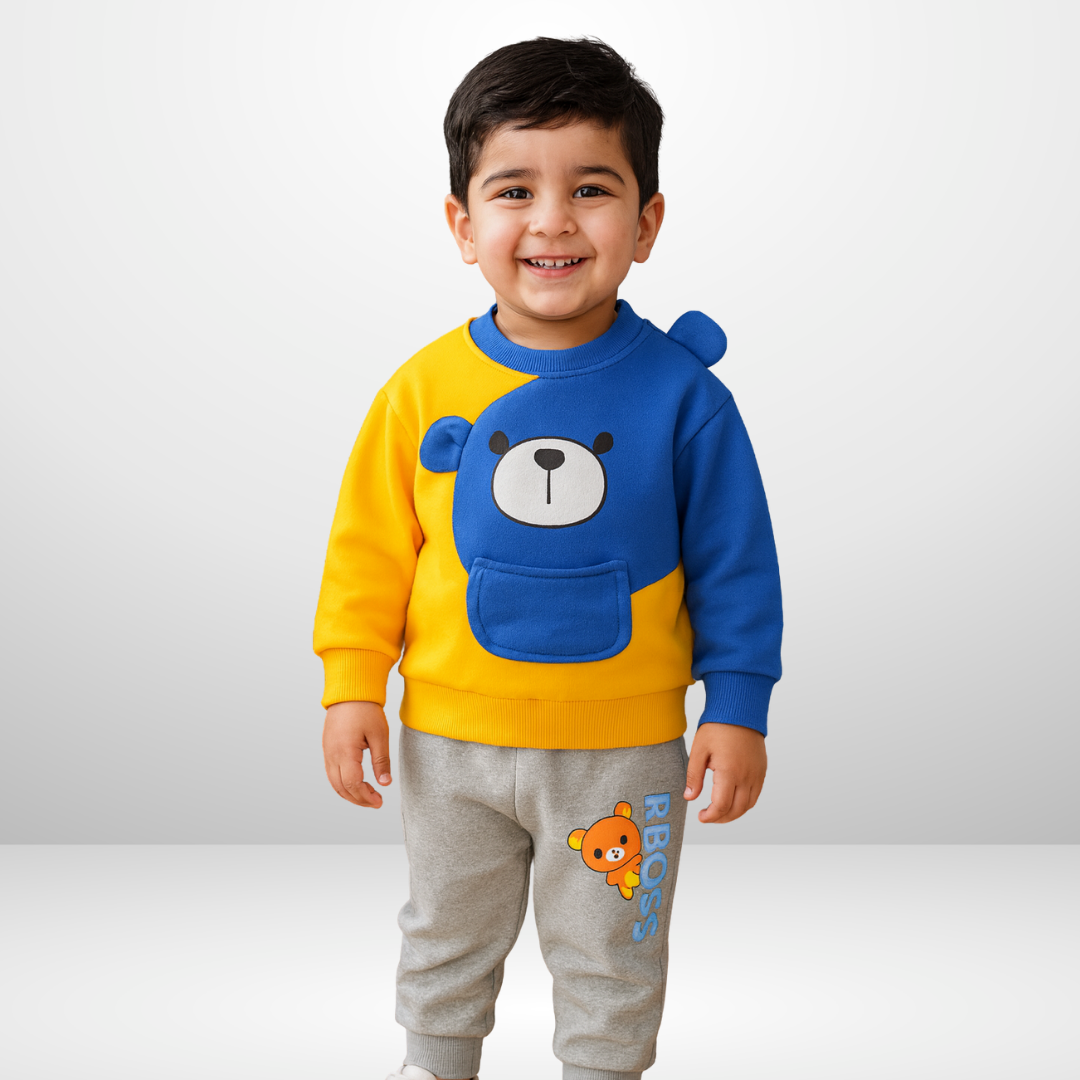 Yellow With Blue Bear Sweatshirt With Trouser For Kids