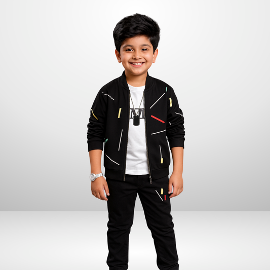 Kids Black Printed Zipper with Warm Black Trouser