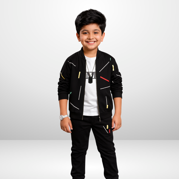 Kids Black Printed Zipper with Warm Black Trouser