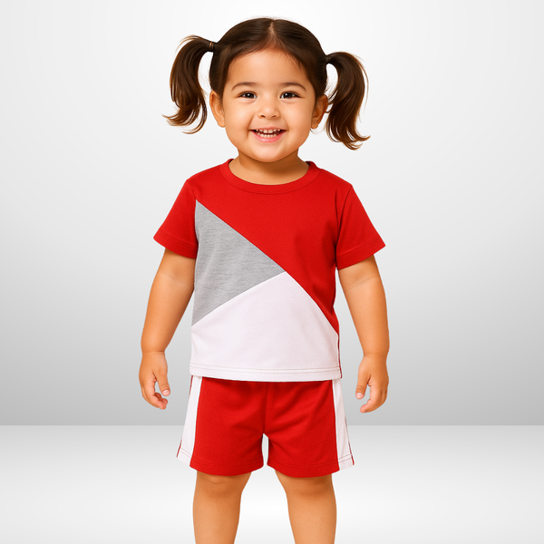 RED PANEL T-SHIRT SHORTS SET