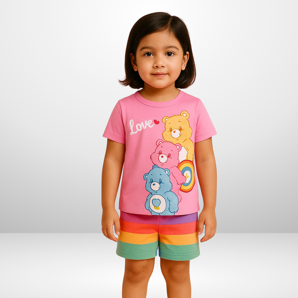 Pink Love Bear Print With Rainbow Print Short