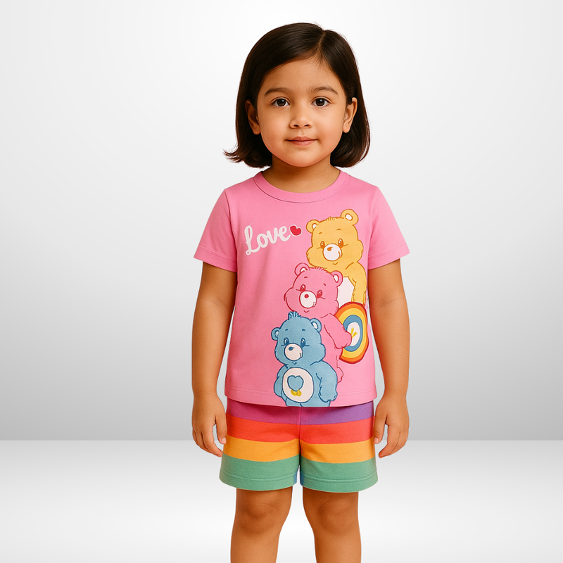 Pink Love Bear Print With Rainbow Print Short