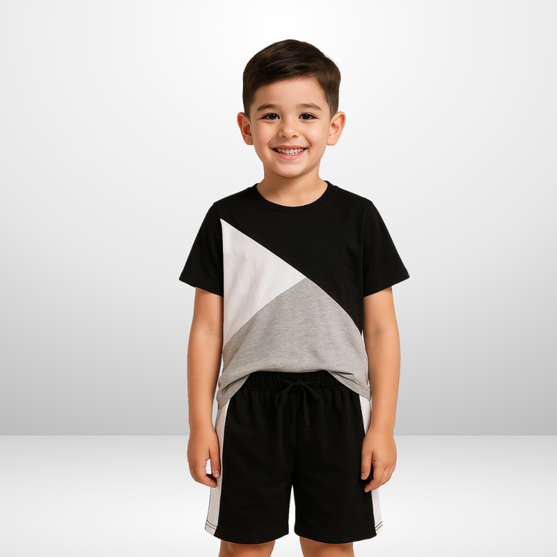 BLACK PANEL T-SHIRT SHORTS SET