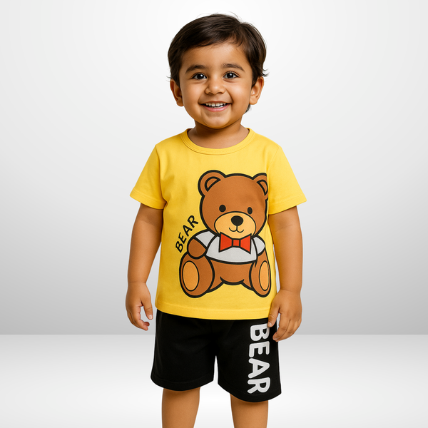 SZ 01- Kids Half Sleeves Short Yellow Black Bear Print