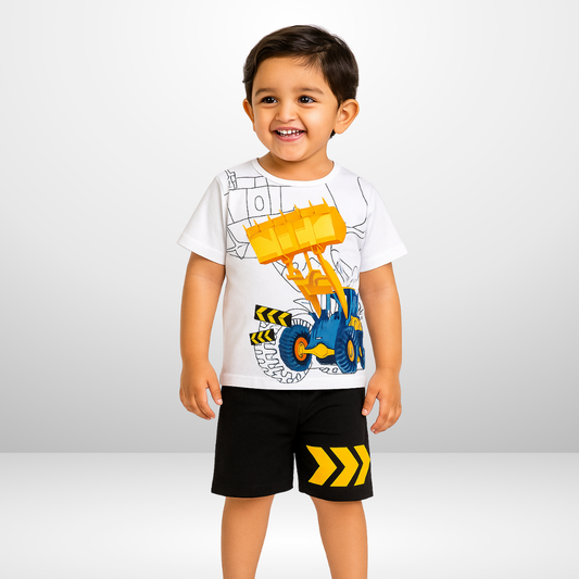 White Excavator Print KIds Short Wear