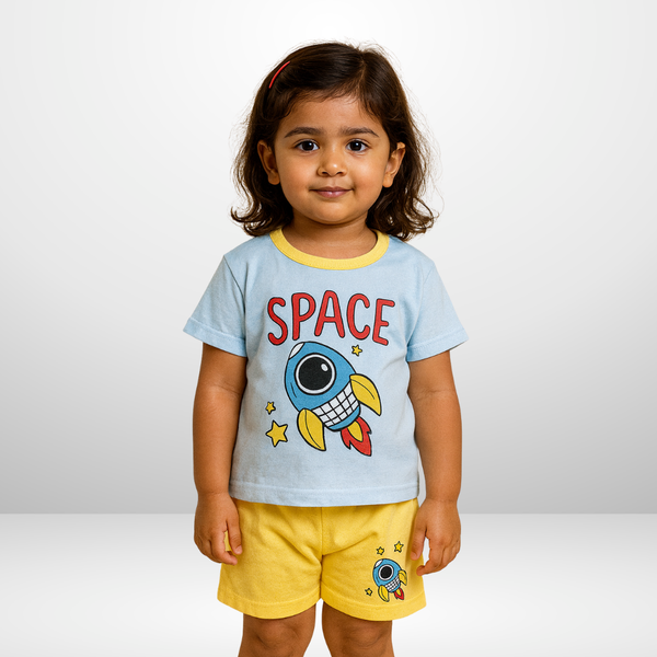 Sky Blue Rocket Printed Kids Short Sleeve Kids Wear