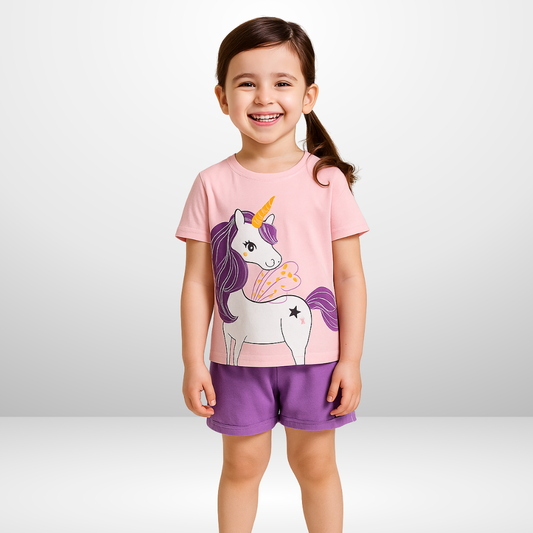 PINK PURPLE UNICORN PRINT SHORT-SLEEVE TEE & SHORTS SET