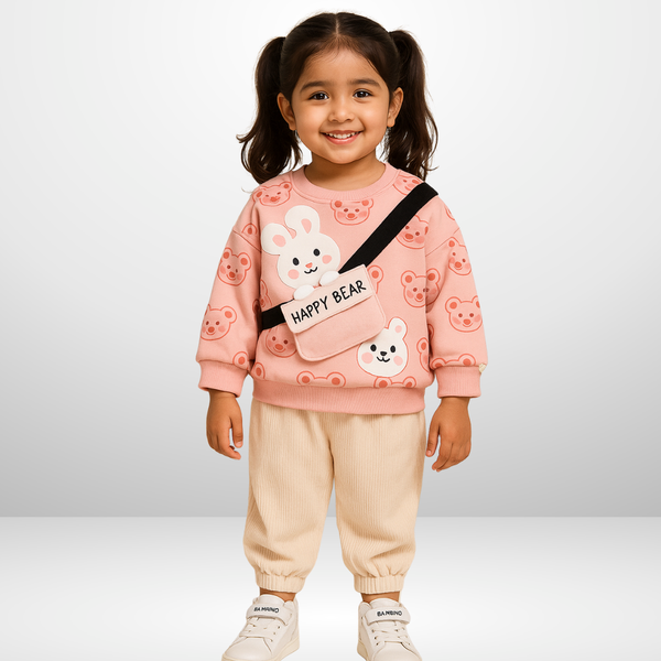 PINK HAPPY BEAR PRINT SWEATSHIRT SET FOR KIDS