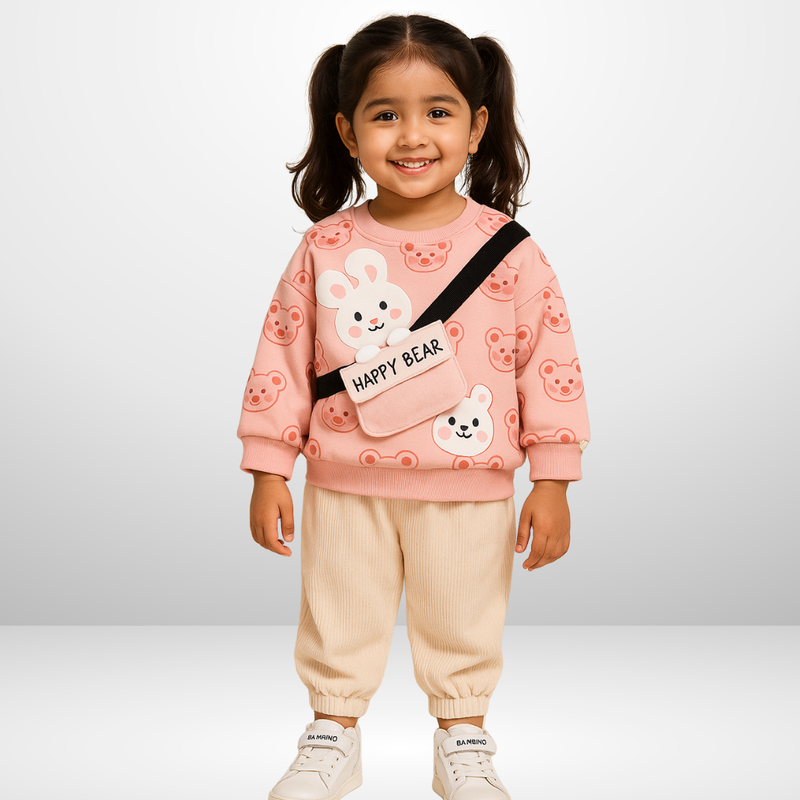 PINK HAPPY BEAR PRINT SWEATSHIRT SET FOR KIDS