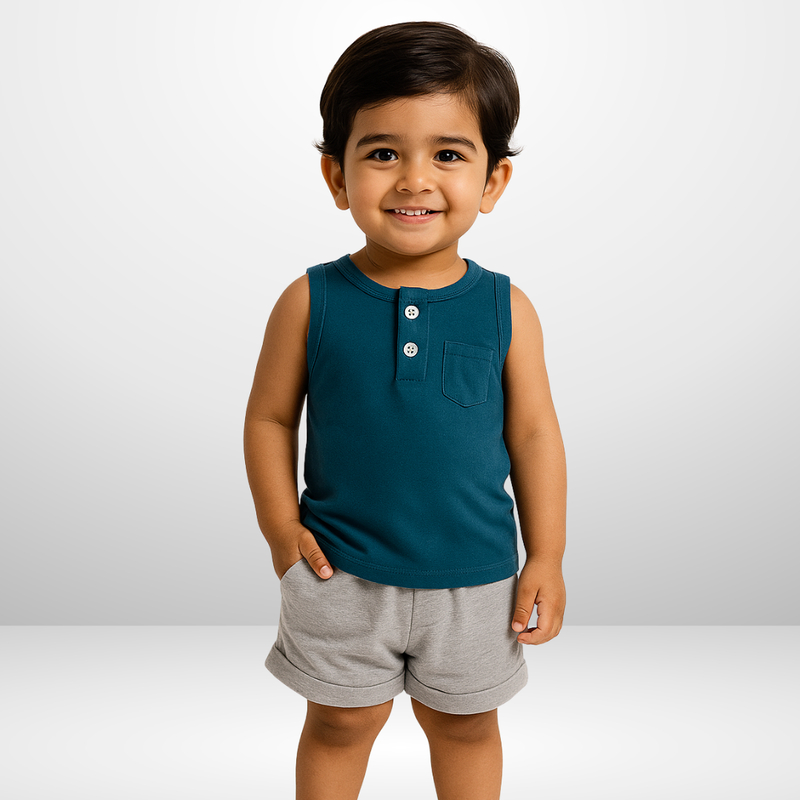 BLUE GREY SLEEVELESS SHORTS SET