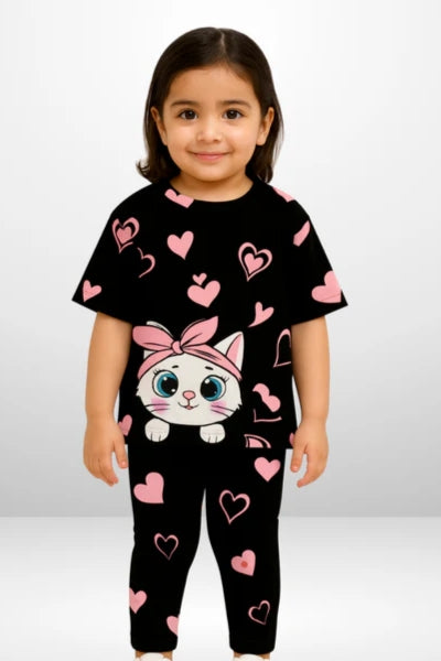 Black Kitty With Pink Hearts Printed Kids Wear
