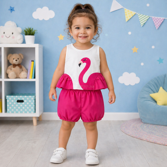 Adorable Flamingo Baby Girl Outfit – Ruffle Top & Shorts Summer Set (Soft & Stylish)