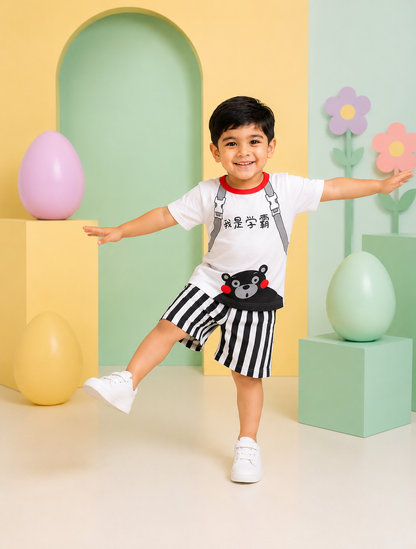 White Cartoon Bear & Striped Boys’ Summer Set