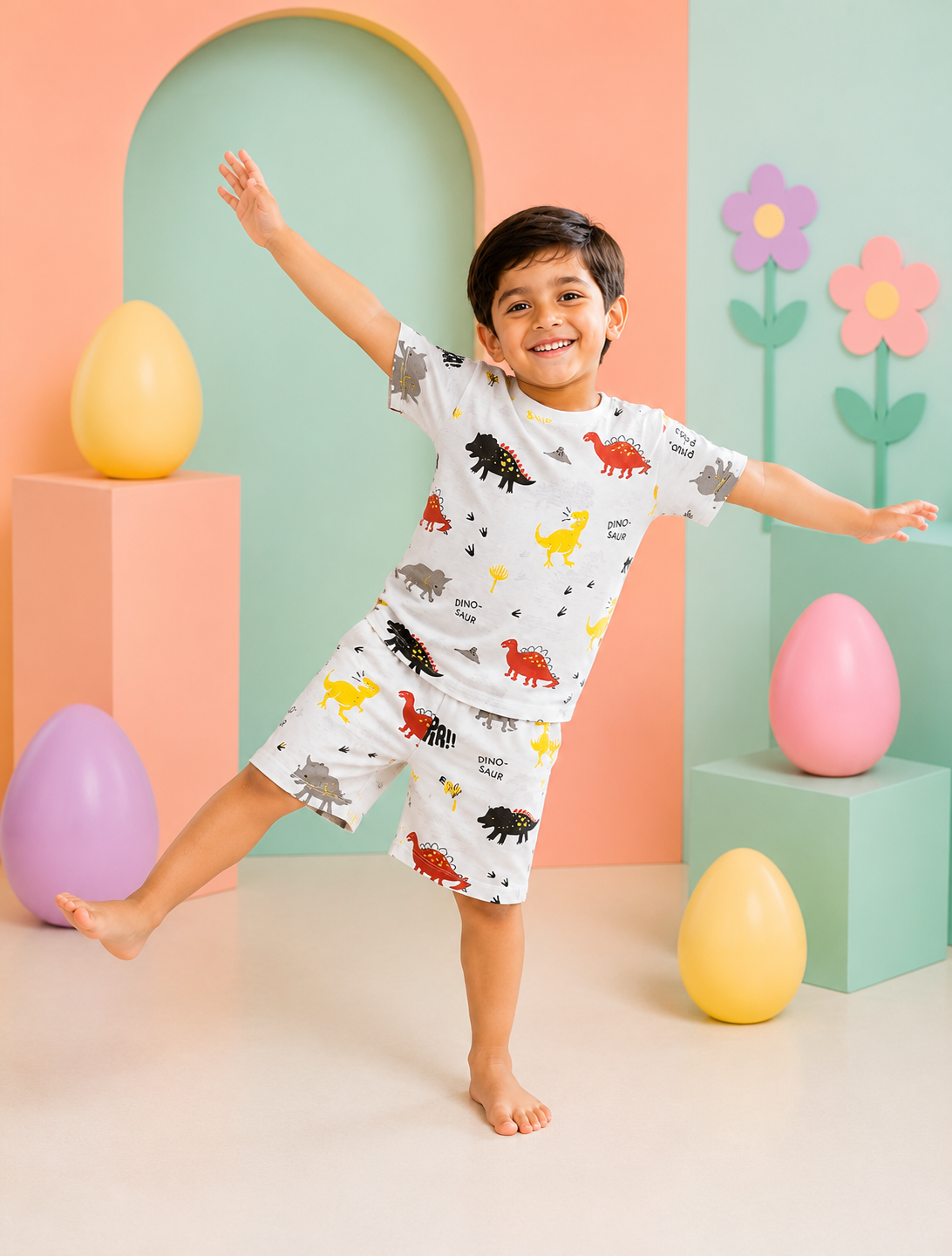 White Dinosaur Print Boys’ Summer Set