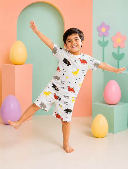 White Dinosaur Print Boys’ Summer Set