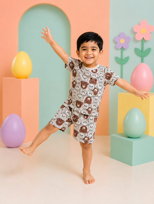 Brown Teddy Bear Print Boys’ Summer Set
