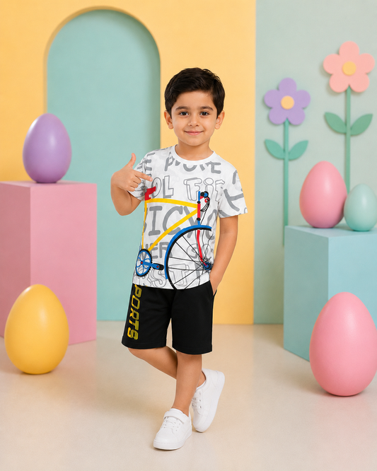 White Bicycle Print Boys’ Summer Set