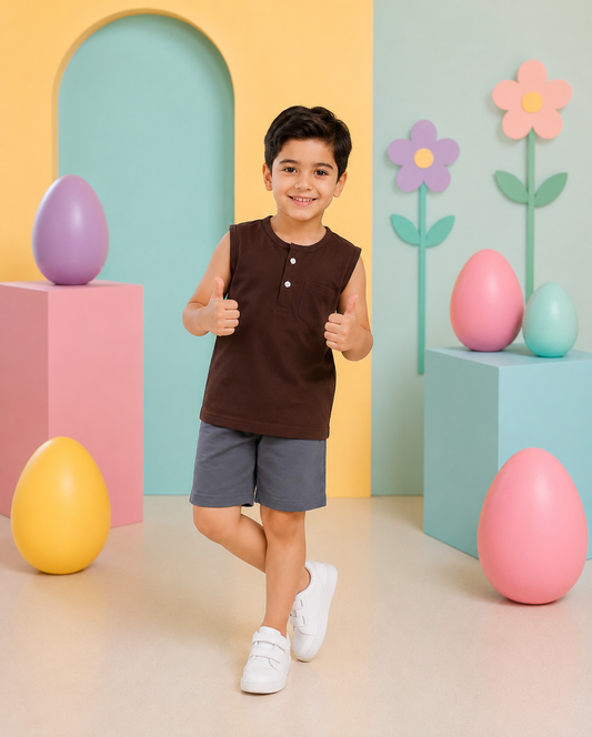 Dark Brown Sleeveless Henley Boys’ Summer Set