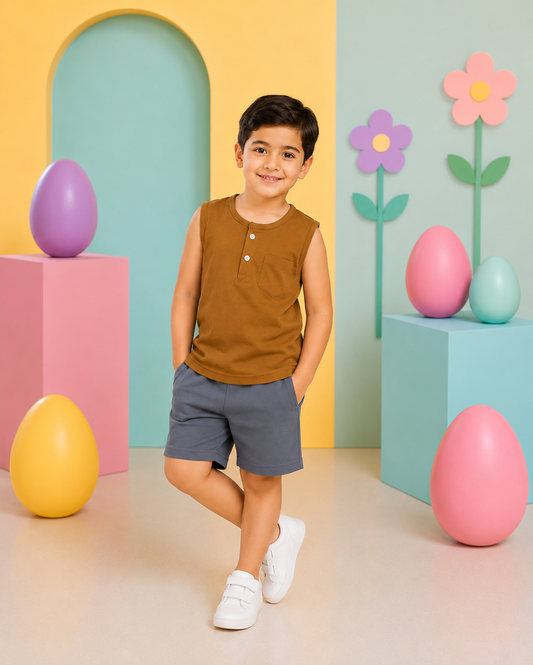 Brown Sleeveless Henley Boys’ Summer Set