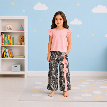 Girls' Flutter-Sleeve Pastel Pink Top & Tropical Print Wide-Leg Palazzo Pants Set