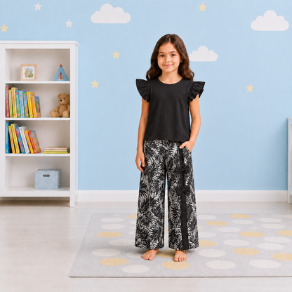 Girls' Ruffle-Sleeve Midnight Black Top & Tropical Print Wide-Leg Palazzo Pants Set